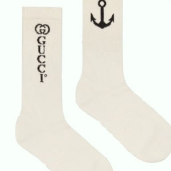 Gucci White Navy Logo Anchor Ribbed Stretch Cotton Sock